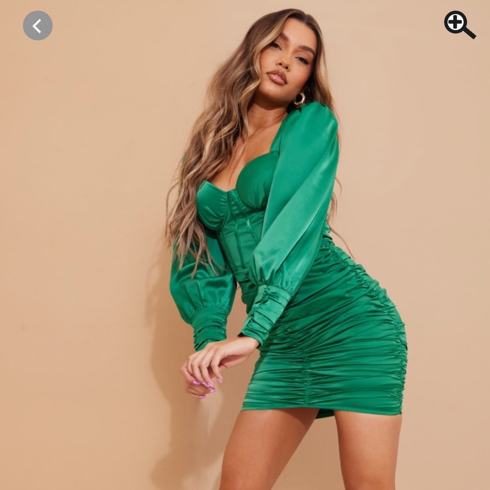 Pretty Little Thing green satin long sleeve corset detail ruched bodycon dress